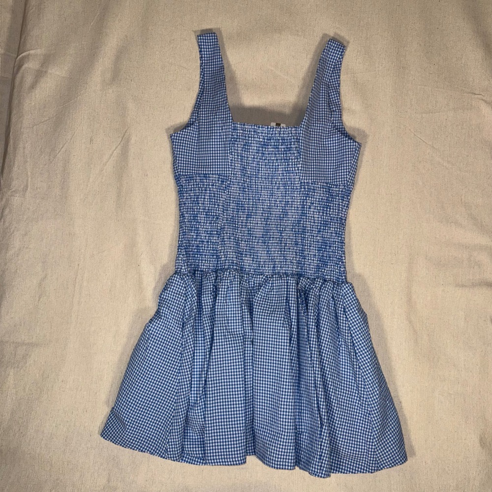 Anthropologie Maeve Blue Gingham Smocked Rosette Mini Dress XS New - Picture 3 of 5